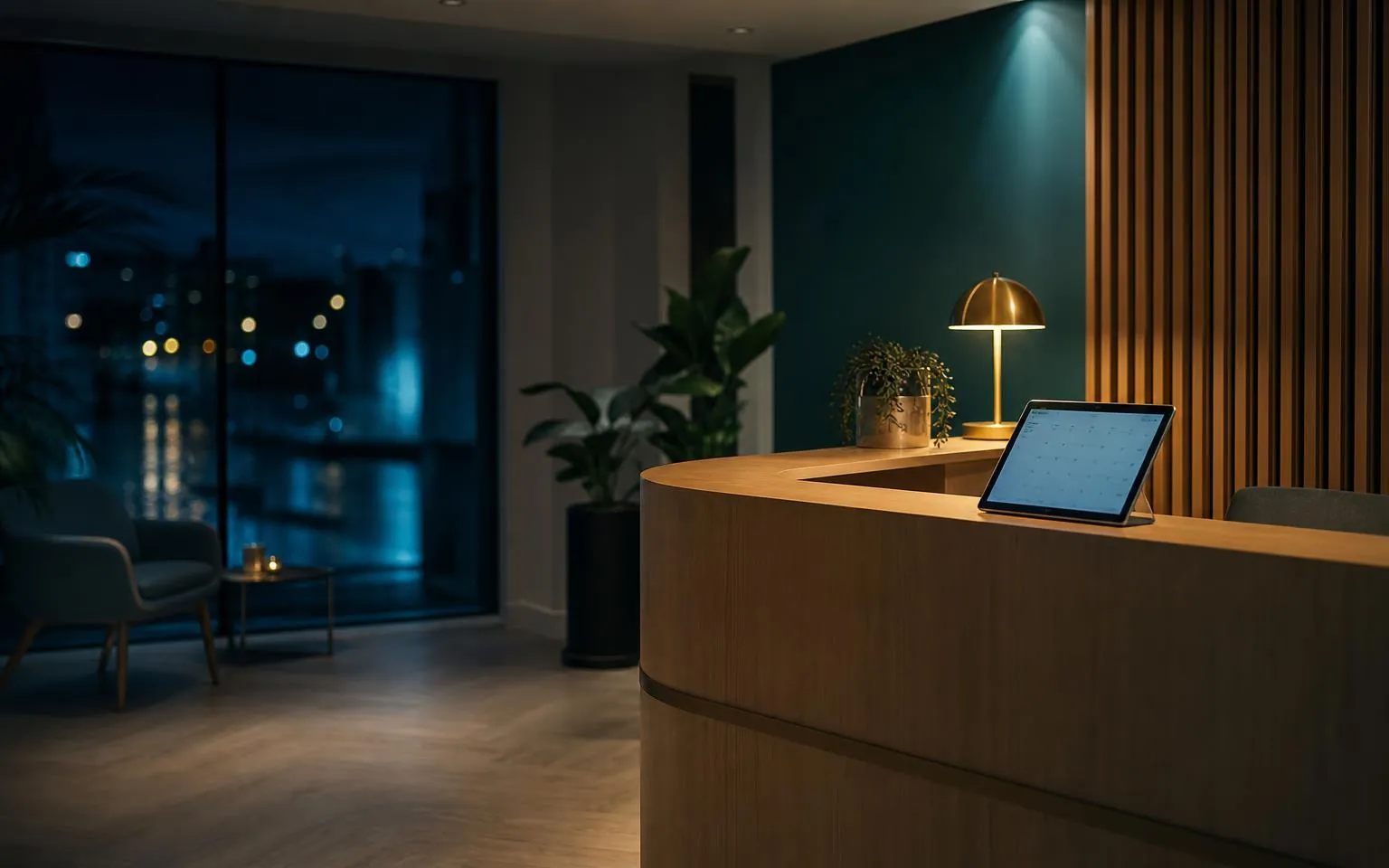 Empty modern dental clinic reception in the evening