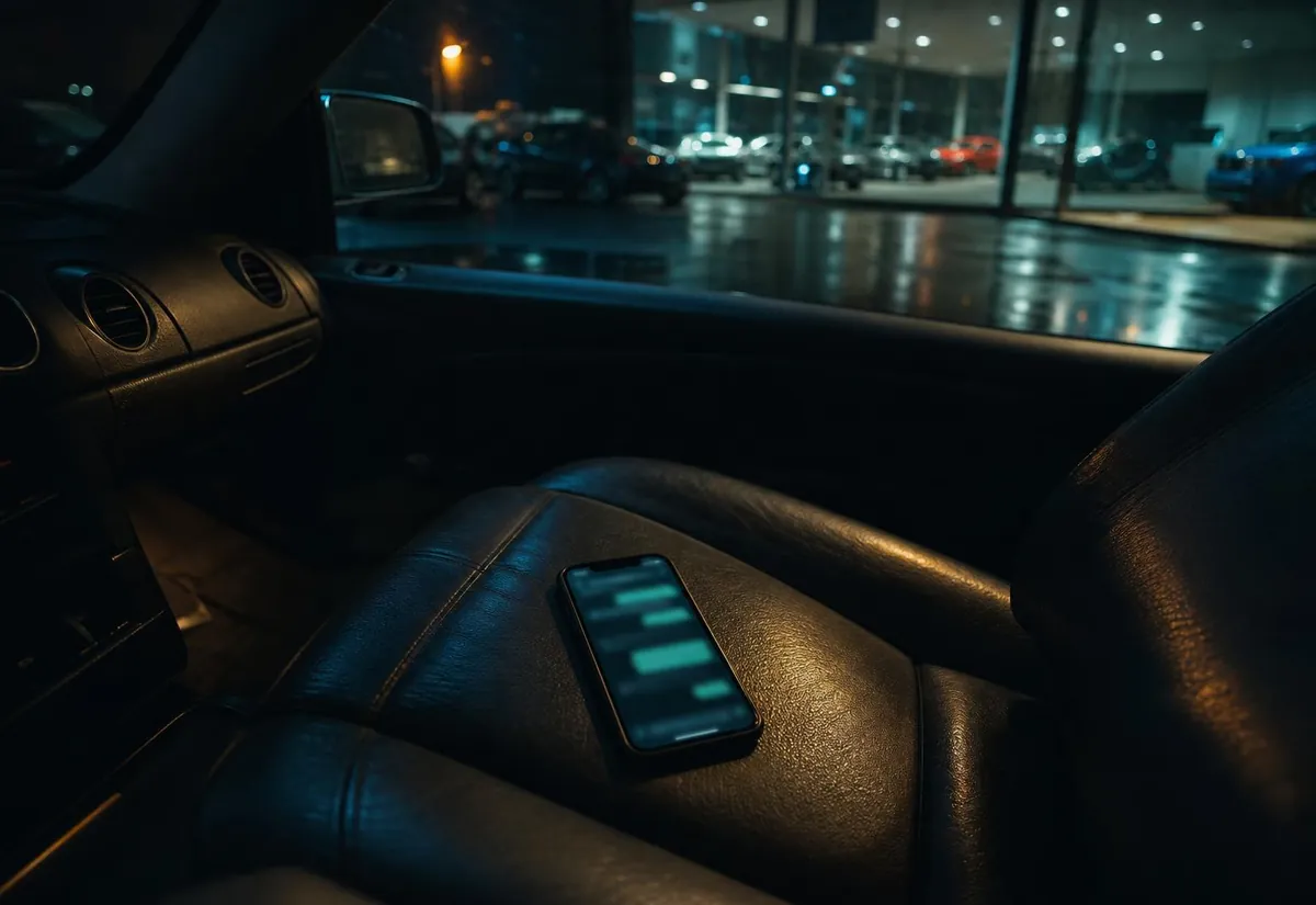 Phone on a car seat outside a showroom, glowing with a reply