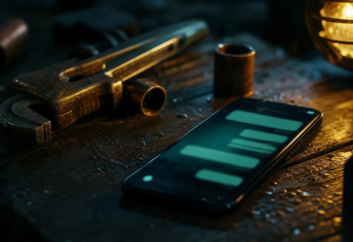 Phone on a plumber's workbench showing a new emergency message